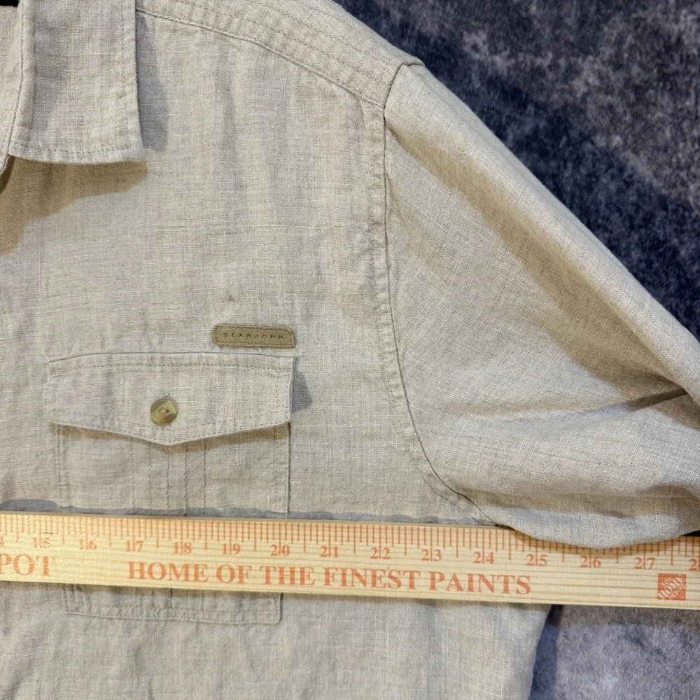 Sean Jean Linen Short Sleeve Button Shirt Beige 2XL Casual Breathable Wear‎